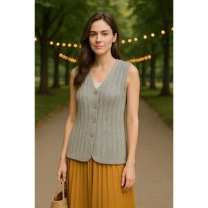 LL Bean Womens Knit Button Sweater Vest Gray Medium Minimalist Old Money Vintage